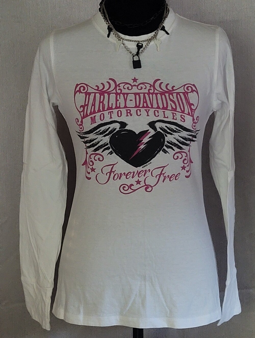 Harley-Davidson White Long Sleeve 'Forever Free' Tee with Pink & Black Graphic